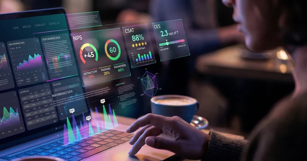 Dashboard de métricas NPS, CSAT y CES para contact center enterprise