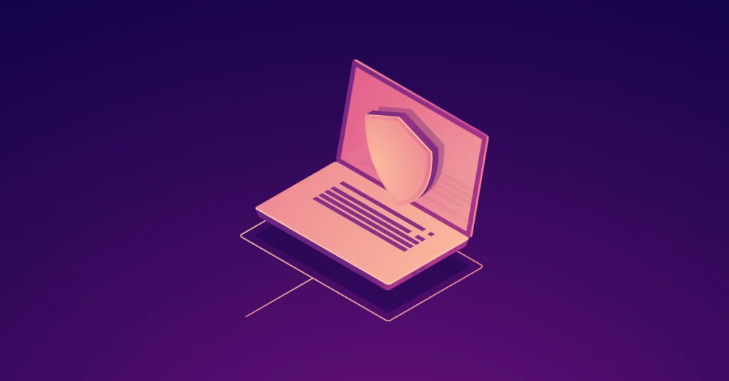 3D illustration of a laptop with a protective shield on the screen, representing the security of AI agents in the insurance sector.
