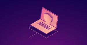 3D illustration of a laptop with a protective shield on the screen, representing the security of AI agents in the insurance sector.