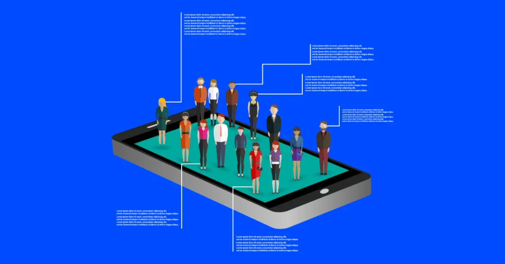 Illustration of consumers on a mobile phone, representing how response time impacts customer conversion