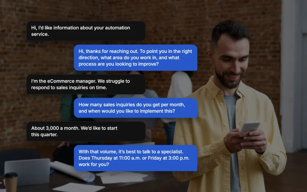 B2B lead qualification on WhatsApp: chat between a click-to-WhatsApp lead and an AI agent that books a meeting