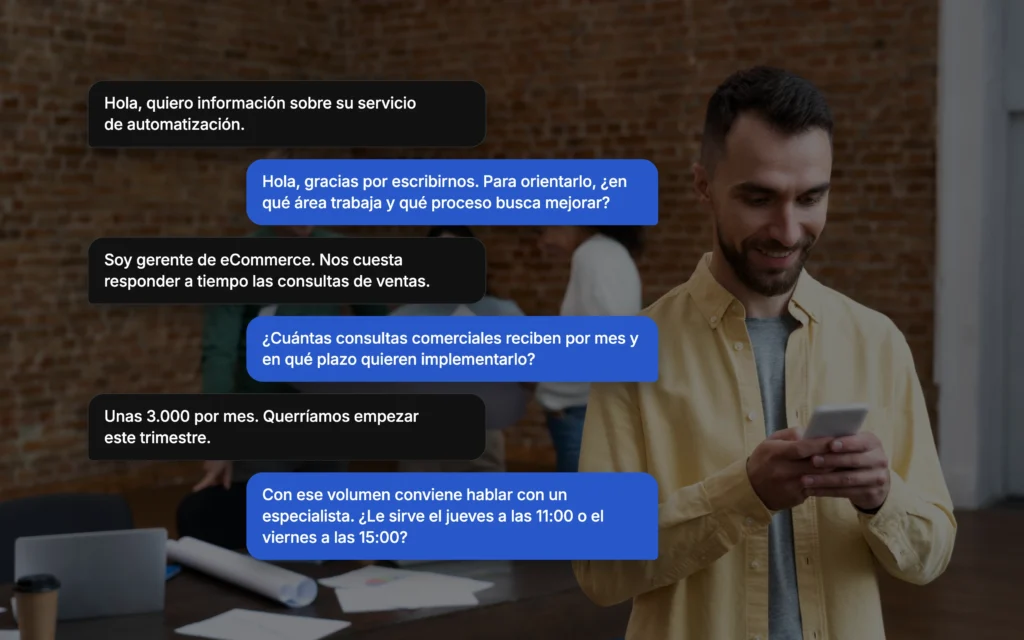 Calificación de leads B2B por WhatsApp: chat entre un lead de click-to-WhatsApp y un agente IA que agenda una reunión