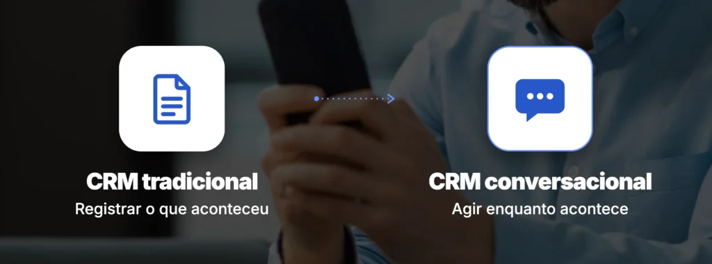 Comparação entre um CRM tradicional, que registra o que aconteceu, e um CRM conversacional no WhatsApp, que age enquanto a conversa acontece