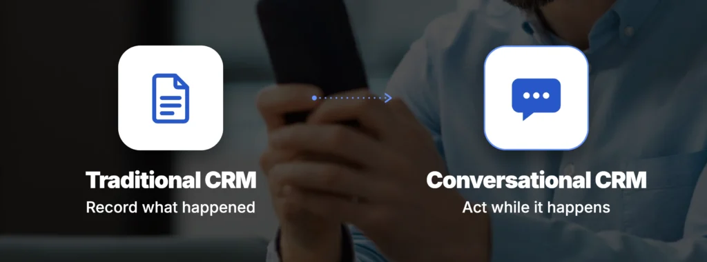 Comparison between a traditional CRM, which records what happened, and a conversational CRM on WhatsApp, which acts while the conversation is happening